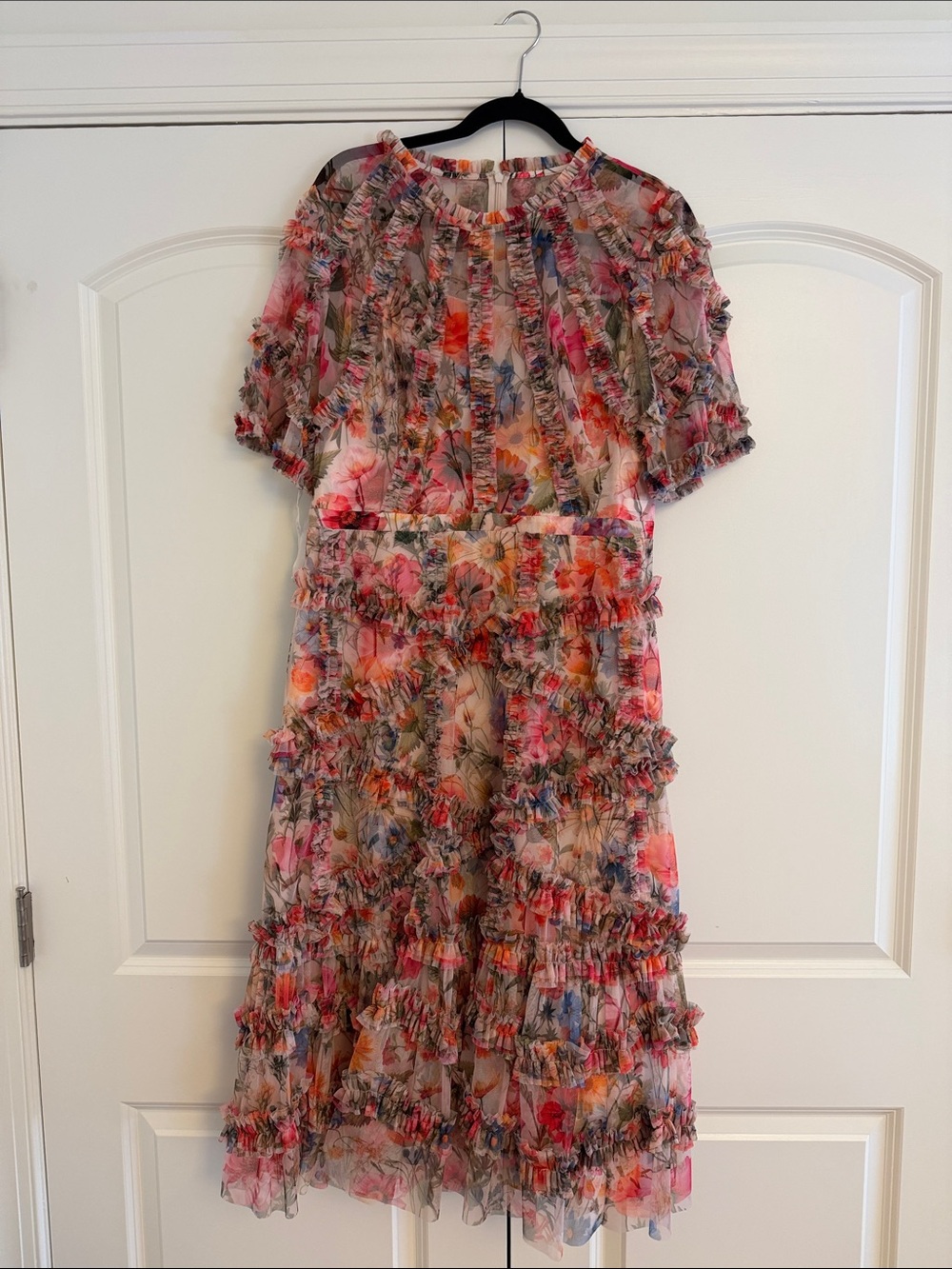 Mac Duggal Pink Multi Floral Ruffle Midi Dress